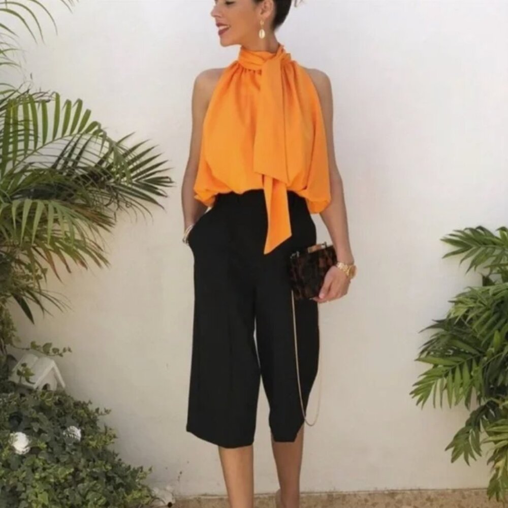 ZARA Orange Satin Halter Tie Neck Wrap Top - Picture 2 of 11